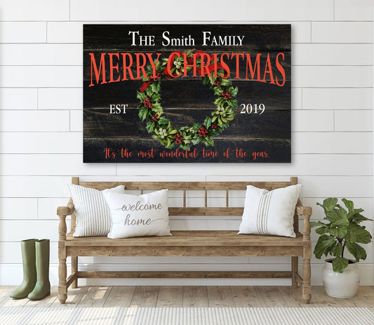Christmas Custom Name Wreath Canvas Wall Decor - AmourPrints