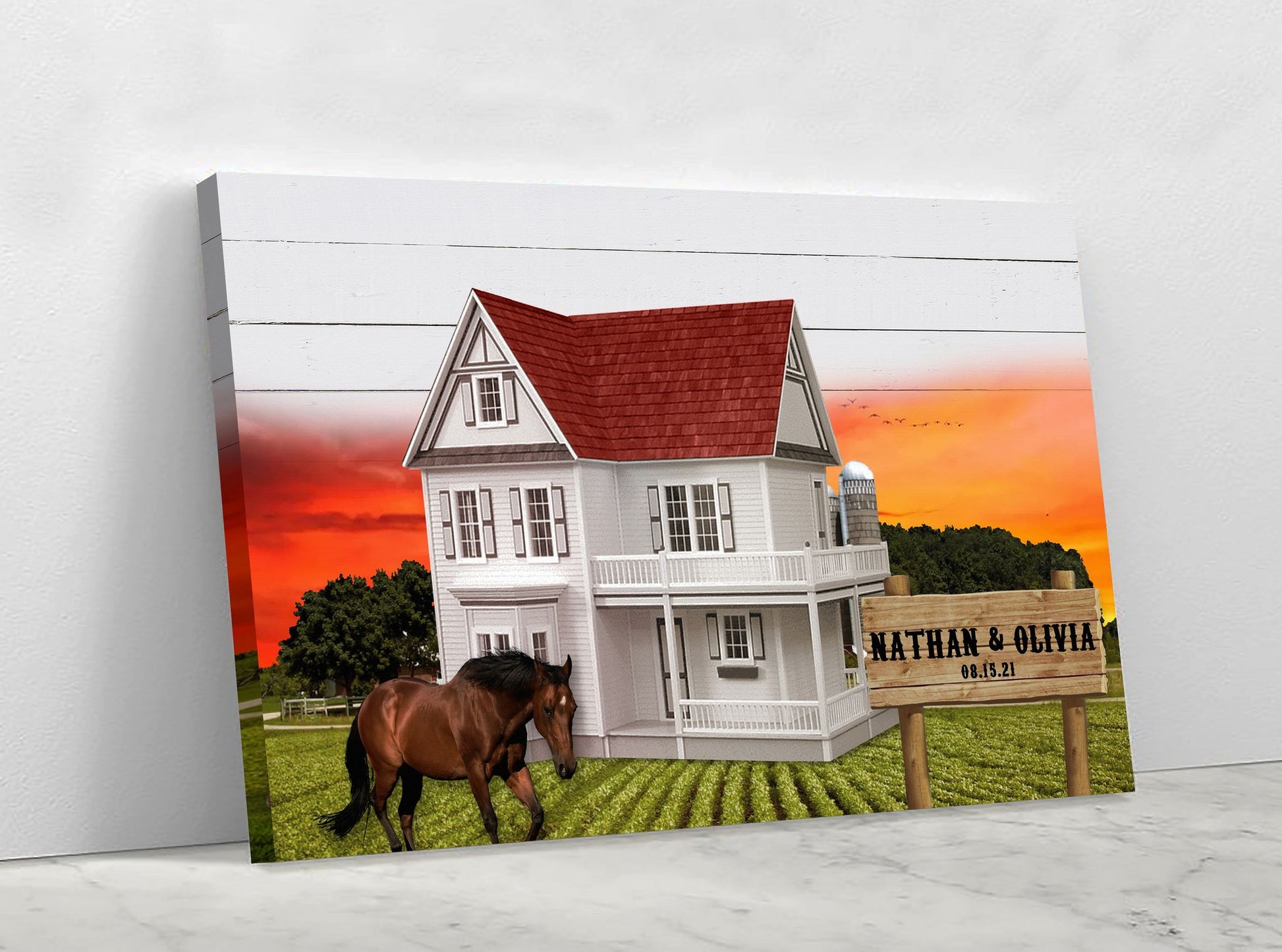 Custom Couple Names and Date Farm House with Horse Canvas Wall Decor - AmourPrints