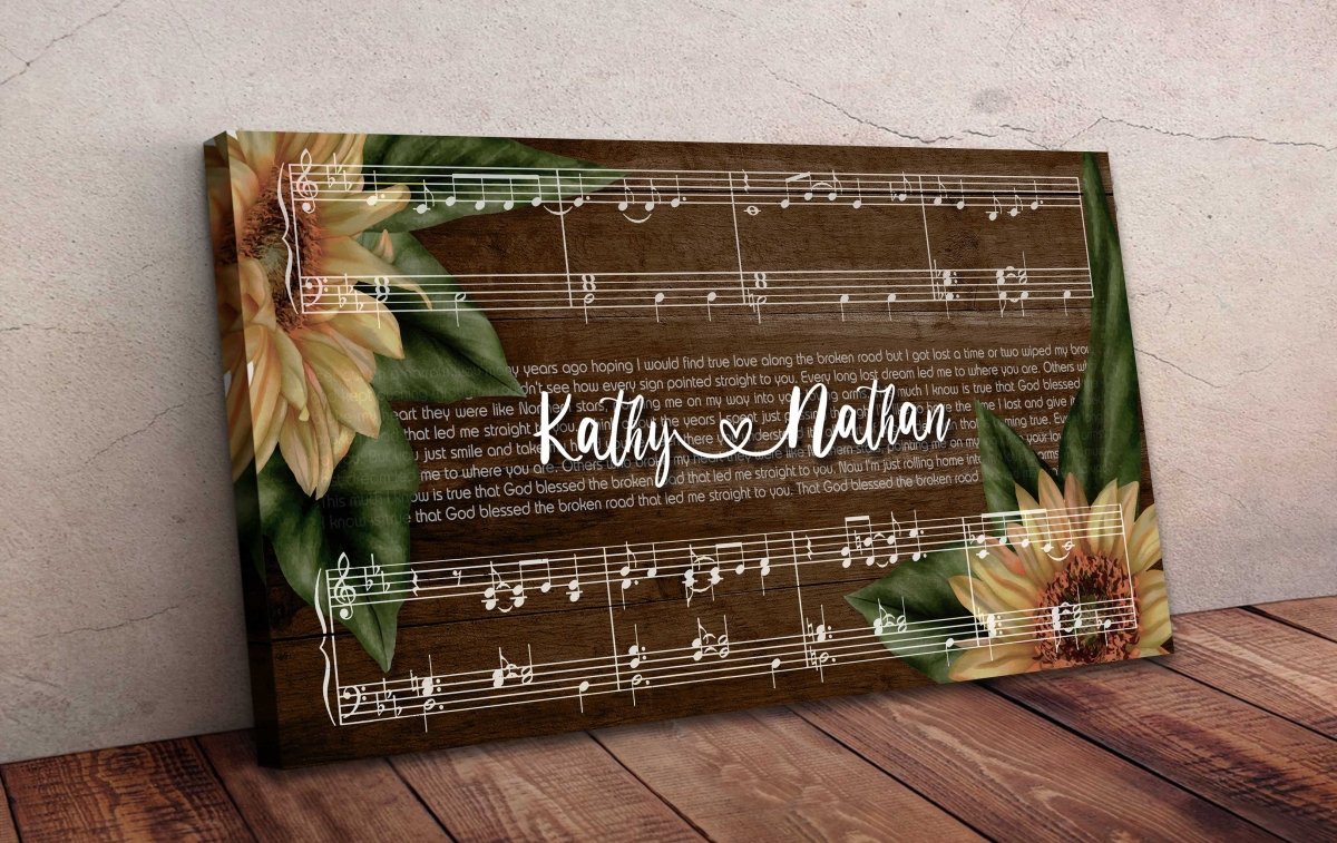 Custom Name and Sheet Music Canvas with Sun Flower - Ready to Hang - AmourPrints