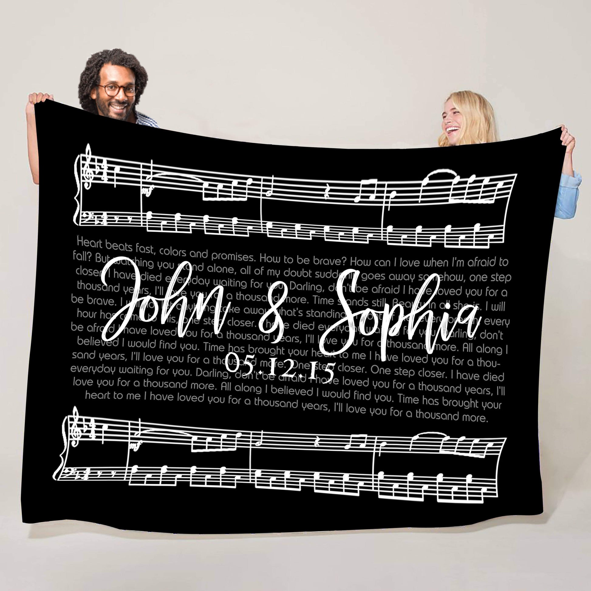 Custom Sherpa Fleece Blanket Couple Names and Date Wedding Song Music Gift - AmourPrints