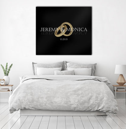 Custom Wedding Names and Date Couple Rings Black Modern Luxe Canvas Art Print - AmourPrints