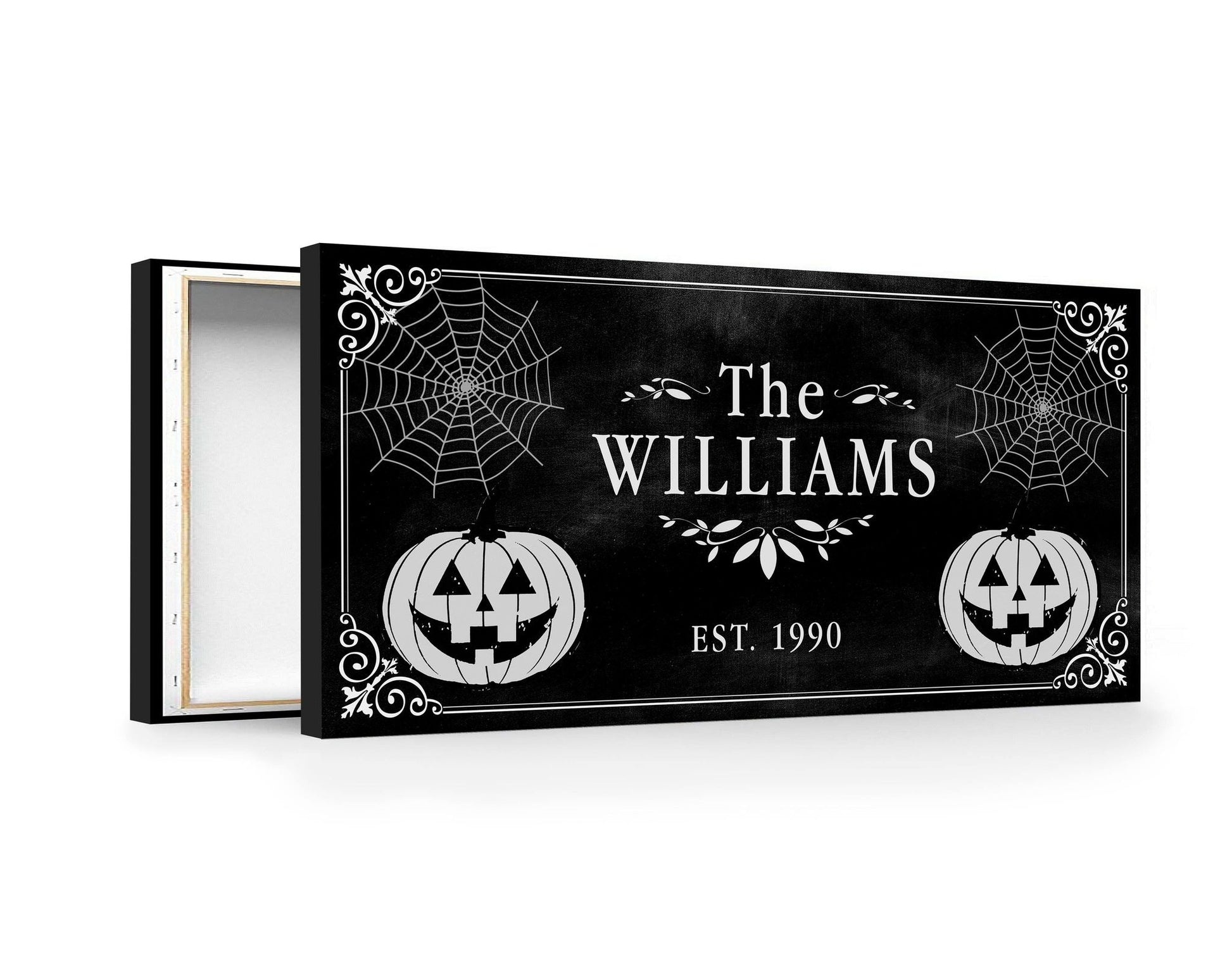 Halloween Family Name Pumpkins and Webs Canvas Art - AmourPrints