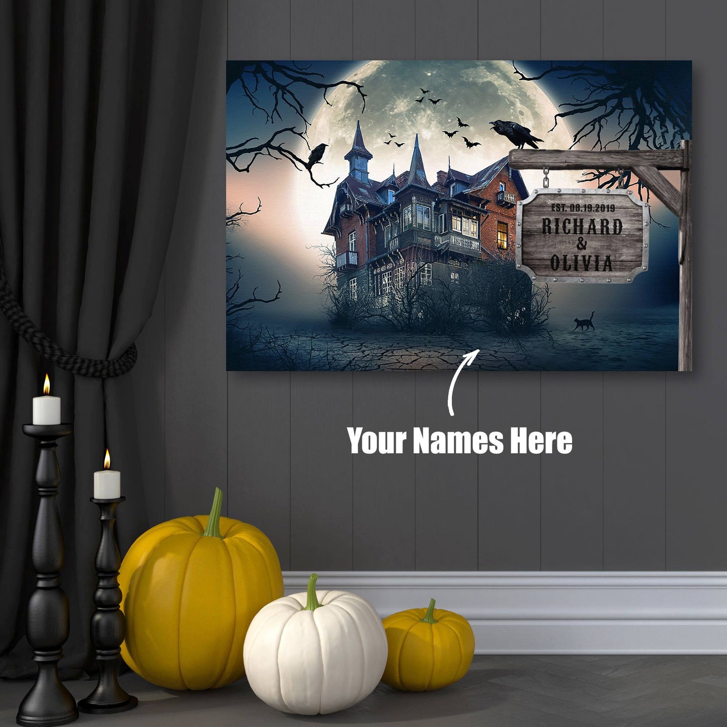 Halloween Haunted House with Couple Names and Date Sign Canvas Art - AmourPrints