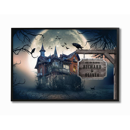 Halloween Haunted House with Couple Names and Date Sign Canvas Art - AmourPrints